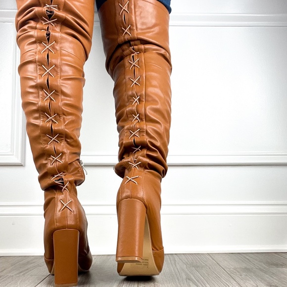 cognac over the knee heel boots faux leather - Picture 2 of 3